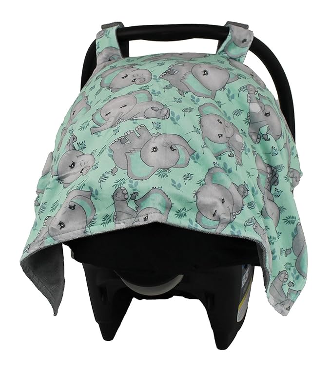 Dear Baby Gear Car Seat Cover for Boys & Girls - Baby Carseat Canopy w/Snap Opening - Infant Seat Cover - Nursing Covers - Newborn Carrier Canopy - 40x30 (Gray Elephants on Mint Foliage - Gray)