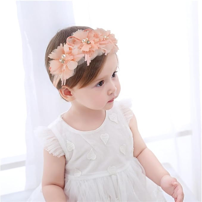 Fmeida Flower Headband for Baby Girl Floral Headbands Crown Baptism Hairband Hair Accessories Peach