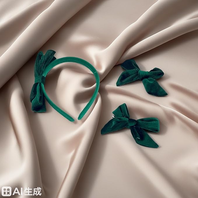 Velvet Green Bow Headband & 2 Pcs 4 Inch Hair Bows Set, Black School Hair Accessories for Little Toddler School Girls (Velvet Green)