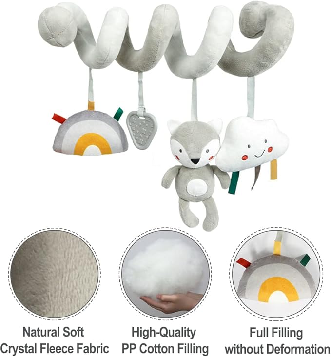 Baby Car Seat Toys, Infant Activity Spiral Plush Hanging Stroller Toys with Squeaker and teether for Car Seat Stroller Crib Bassinet (Grey Fox)