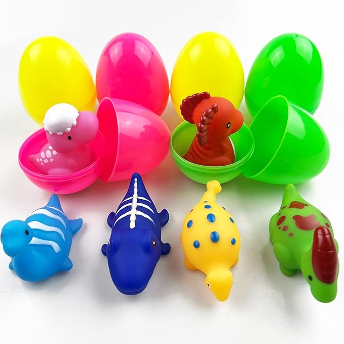 Jofan 6 Pack Prefilled Jumbo Plastic Easter Eggs with Light Up Dinosaur Bath Toys Inside for Kids Boys Girls Toddlers Easter Basket Stuffers Gifts Party Favors