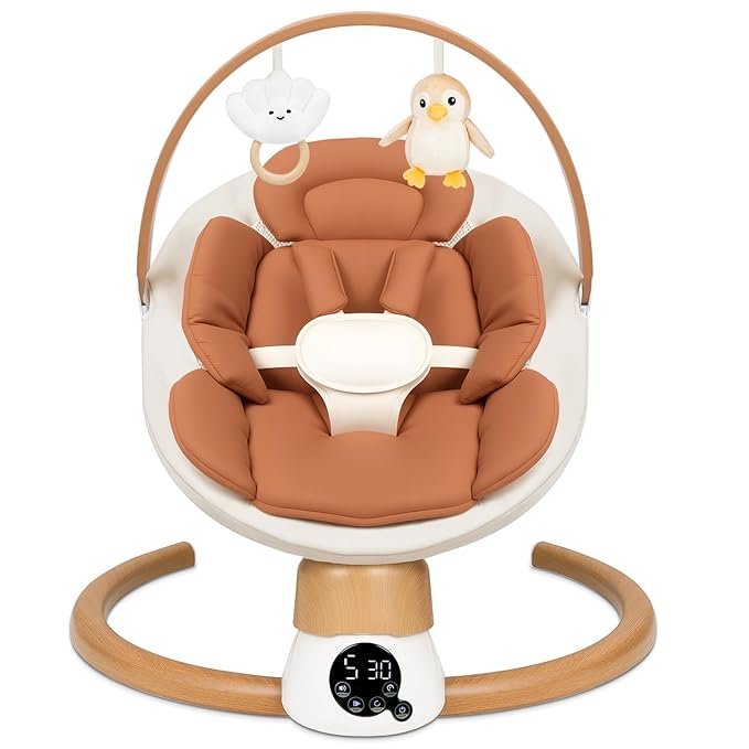 Baby Swings for Infants | Electric Portable Baby Swing with Bluetooth, 5 Swing Speed, 3 Timer Settings, 10 Lullabies, 5-Point Harness & Remote Control | Newborn Swing for Indoor & Outdoor (Brown)