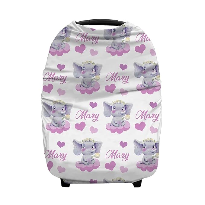 Personalized Watercolor Elephant Cloud Baby Car Seat Covers with Name, Custom Nursing Cover Breastfeeding for Babies, Carseat Canopy for Girls, Infant Stroller Cover, Breathable Carseats Cover