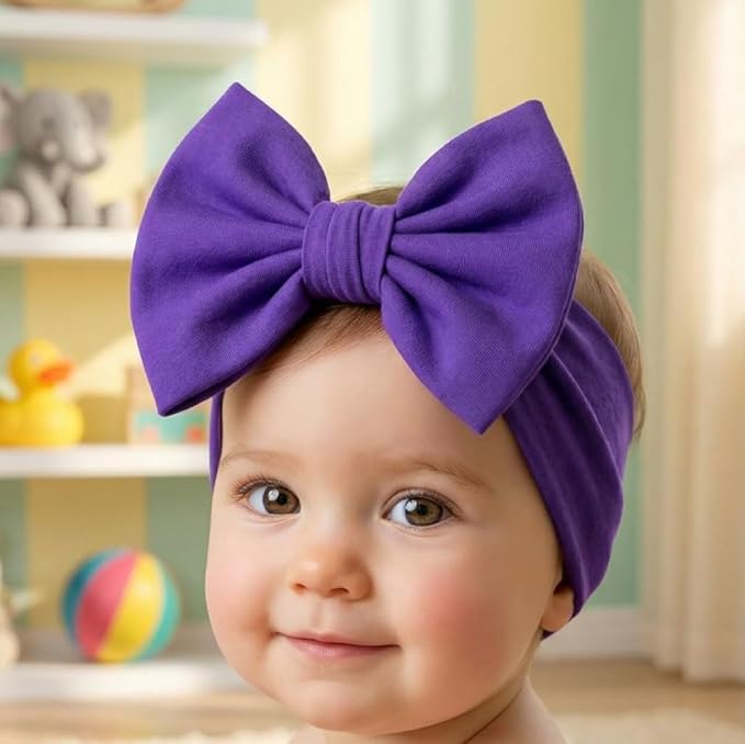 Newborn Baby Girl Headband 0–6 Months – Soft Cotton Big Bow Headband for Infants, Stretchy Baby Hair Band, 4.3" (11 cm) Bow, 2.4" (6 cm) Band (Purple, 0-6 Month)