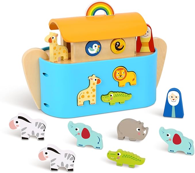 TOOKYLAND Noah's Ark Toys for Toddlers Wooden Animal Shape Sorter Toys, Baptism Gifts for Boys and Girls, Bible Story Toy with Story Book, Montessori Educational Toys for 2 3 4 Year Old