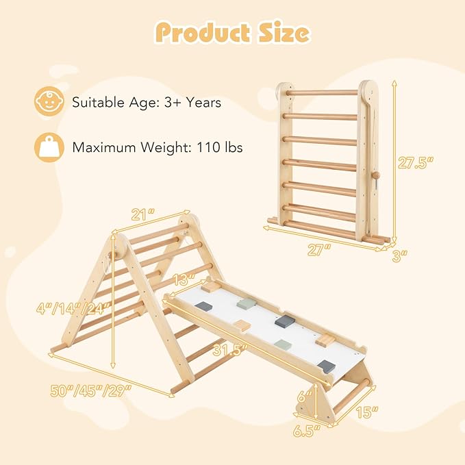Olakids Pikler Triangle Set 7 in 1 Climbing Toys for Toddlers Foldable Baby Wood Montessori Jungle Gym with Angle Adjustable Ladder Seesaw Ramp Indoor Playground (Wood)
