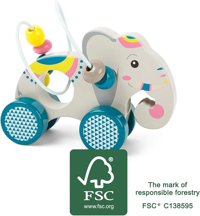 Small Foot Wooden Toys Push-Along Elephant with an Activity Loop & Beads Designed For Children 12+ Months