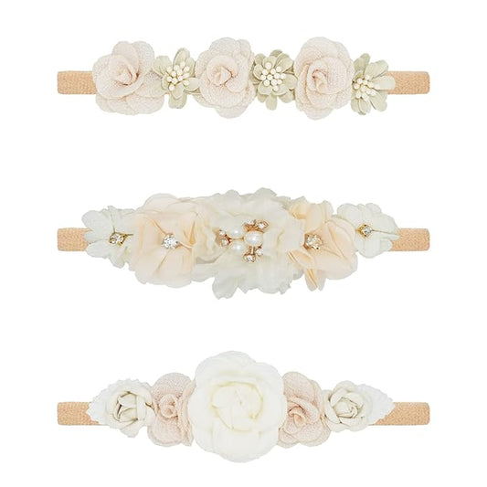 Baby Girl Flower Headbands Set, 3pcs Elastic Nylon Floral Hair Band, Bows Wrap for Infant Newborn Toddler