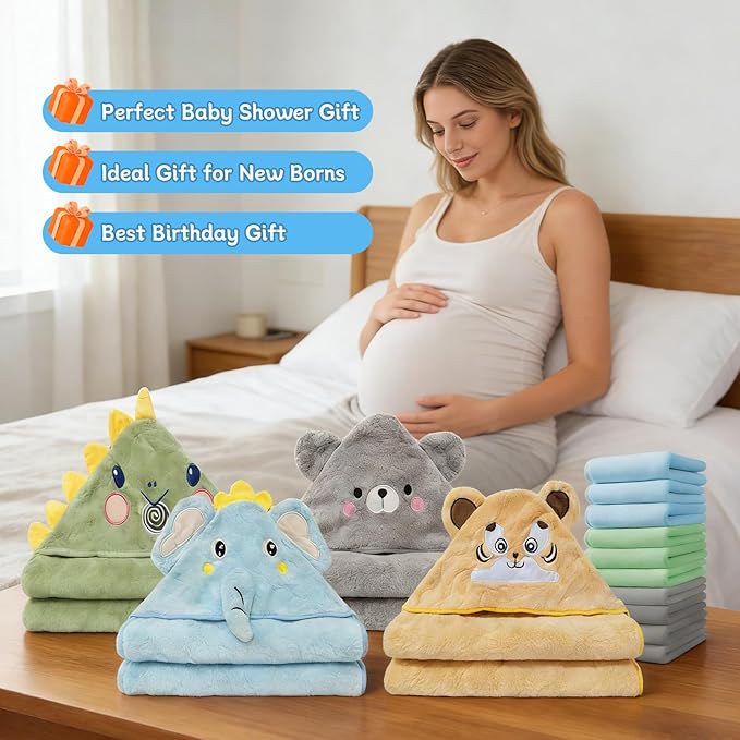 14 PCS Baby Bath Towels Set, 4 PCS Large 31"x31" Animal Hooded Towels & 10 Washcloths, Thick & Ultra Absorbent for Newborns Infants Toddlers 0-5 Years, Soft for Boys