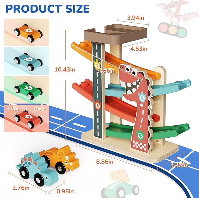Montessori Car Ramp Toy for Toddlers 1 2 3 Year Old Wooden Dinosaur Race Track with 6 Cars & Parking Garage Kids Play Cars & Race Cars Birthday for 1-3 Boys Girls Baby Motor Skills Toy