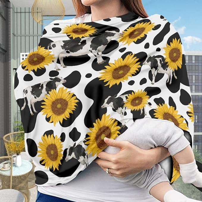 KIDVOVOU Baby Car Seat Cover Cow Sunflwers Print Elastic Shopping Cart Cover High Chair Cover Protector Breastfeeding Shawl