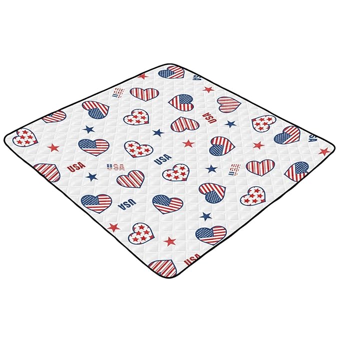 Baby Play Mat American Flag with Hearts July 4th 50 x 50 Playpen Mat Baby Play Mats for Floor Play Gym Crawling Mat Non-Slip Cushioned Baby Playmat for Infants, Babies, Toddlers