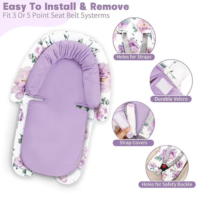 Infant Car Seat Insert, Baby Car Seat Head & Body Support with Strap Pads, Soft Newborn Preemie Carseat Insert Cushion for Girls Boys, Fits Carseat, Stroller, Swing, Bouncer, Purple Floral
