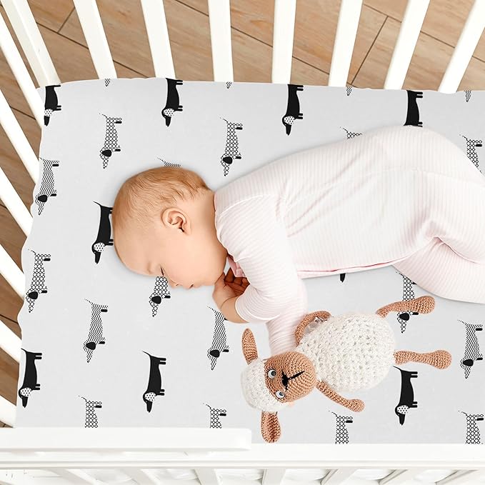 Fitted Crib Sheets Dachshund Black and White Dogs Stretchy Portable Playard Sheets for Baby Toddler, Breathable Soft Mini Crib Mattress 52 x 28 in for Boys and Girls