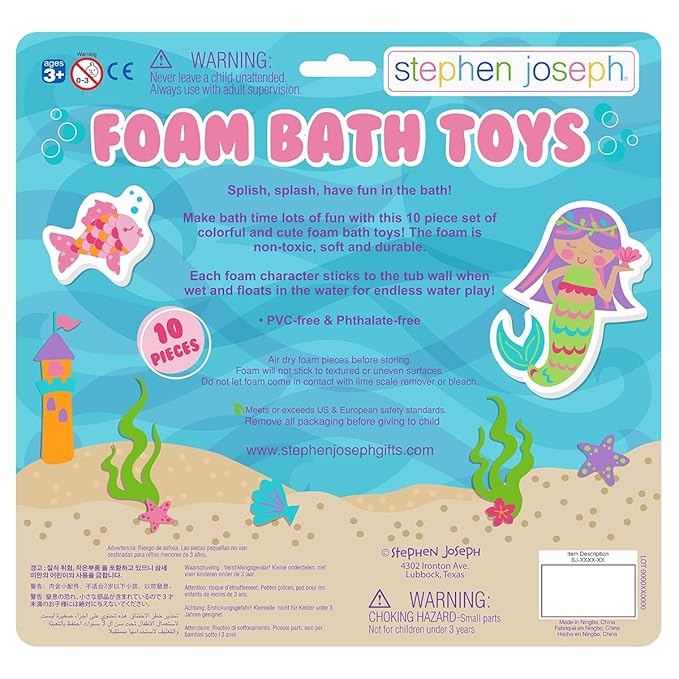 Stephen Joseph, Floating Foam Bath Character 10-Piece Toy Set, Mermaid
