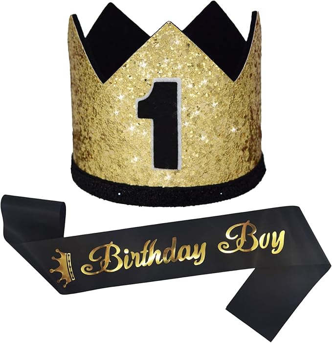 Glitter First Birthday Crown Baby Boy 1st Bday Party Hat Cake Smash Photo Prop