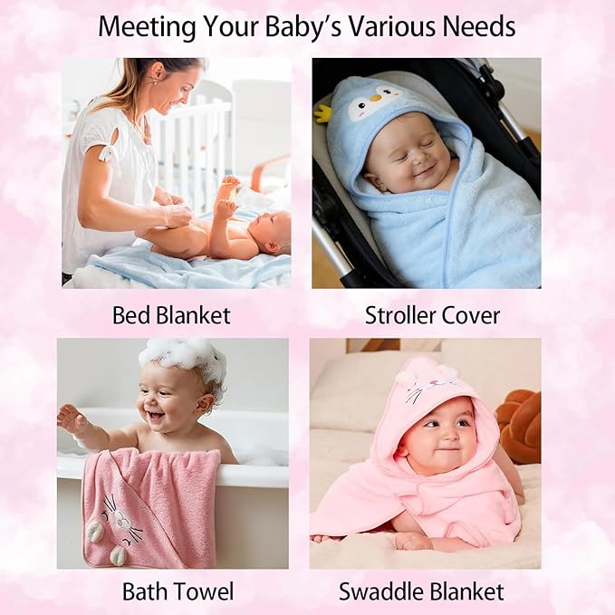 Hooded Baby Towel Set, 32x32 Inch Absorbent Bath Towels, 4 PCS Soft Hooded Towels, Perfect for Newborns, Toddlers, Babies, Essential Baby Bath Accessories (Pink + Blue + White + Yellow)
