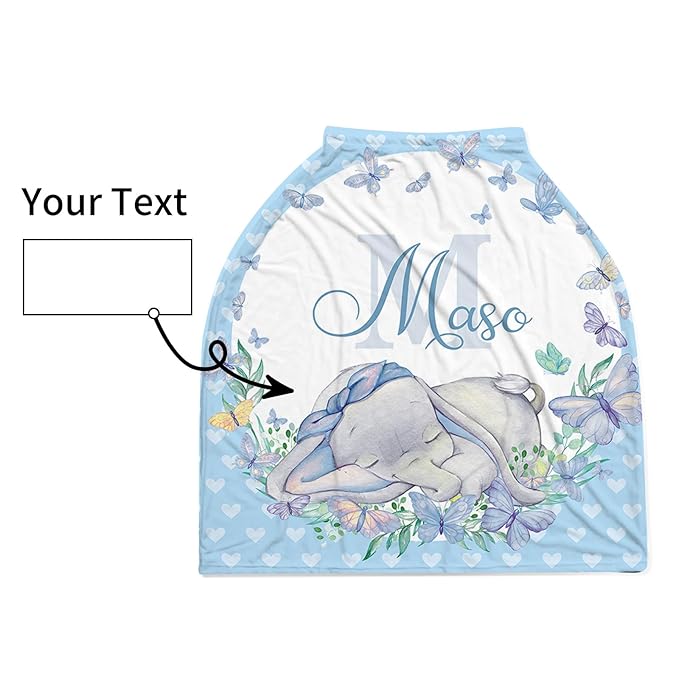Personalized Baby Car Seat Cover Stroller Canopy: Custom Name Newborn Baby Boy Girl Elastic Sleeping Elephant Nursing Cover for Moms First Birthday Gift Blue(one Size)