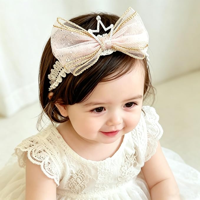 Baby Girls Hairbands Bow Lace Headband Handmade Soft Stretchy Pink Bowknot Hairbands Newborn Hairband with Bows Elastic Hair Bands for Kids Infant(Light Pink Crown Bow)