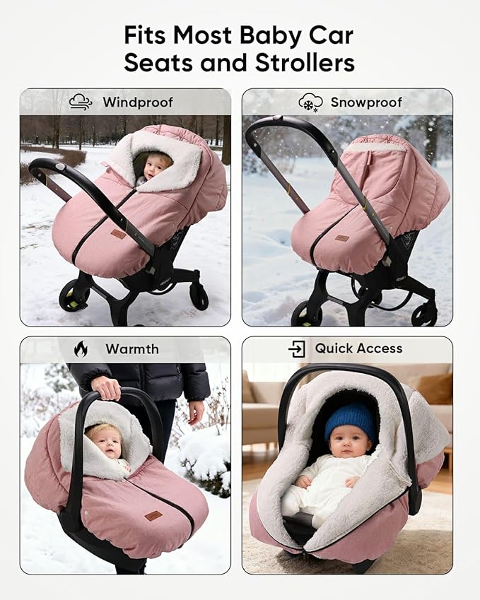 TinlyFinly Winter Car Seat Cover for Baby Car Seat and Stroller, Cold Weather Infant Carseat Canopy, Waterproof and Easy Access, Protect Baby Boys Girls from Cold Wind (Pink)