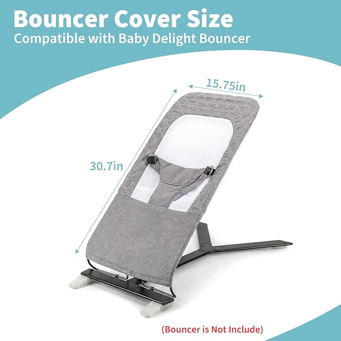 Bouncer Cover Compatible with Baby Delight, Fabric Seat for Bouncer, Soft and Breathable Mesh Inset, with 3-Point Safety Harness, Easy to Install, Machine Washable Replacement Cover, Grey