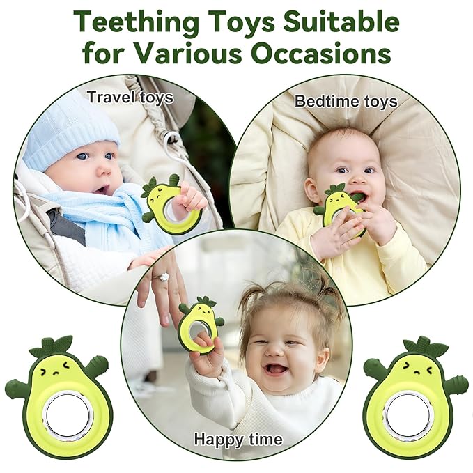 Baby Rattles Teething Toy for Babies 0-6 Months, Avocado Design BPA Free, Teething Relief for Infant 3-24 Months, Silicone Teethers Boys and Girls Sensory Toy