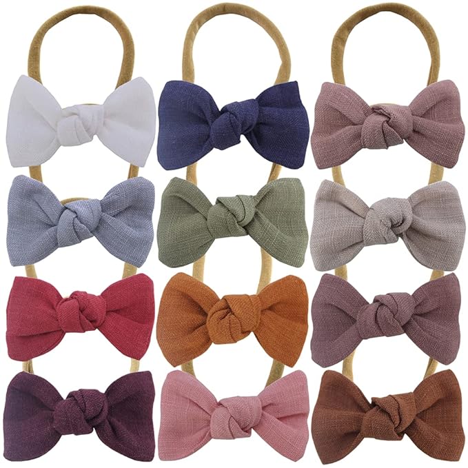 Sugarmelon Linen Bow Nylon Headband for Baby Toddler Newborn Infant Hair Bow Elastic Bands for Baby Girls Little Kids Headbands (Linen Mini bow 2.5'')