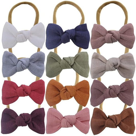 Sugarmelon Linen Bow Nylon Headband for Baby Toddler Newborn Infant Hair Bow Elastic Bands for Baby Girls Little Kids Headbands (Linen Mini bow 2.5'')