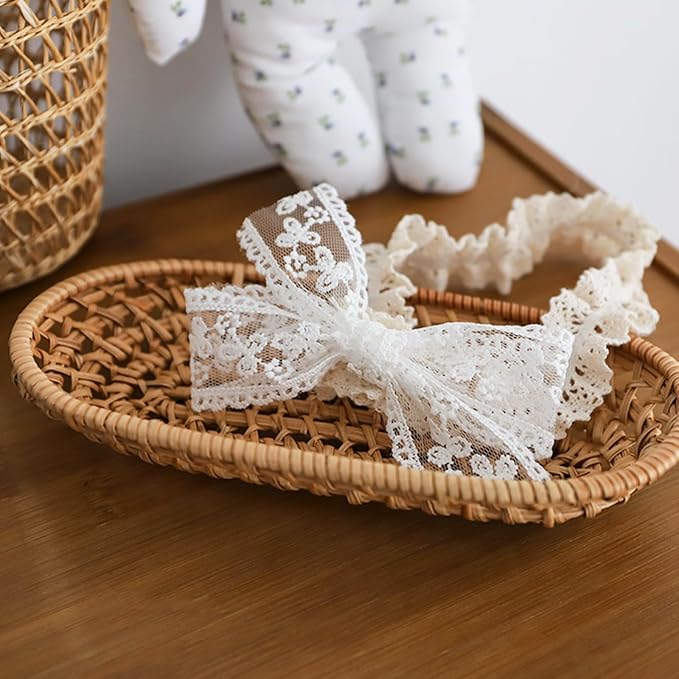 Baby Girls Bow Lace Headband Cute Soft Hairband White Butterfly Knot Headbands for Newborn Infants Toddlers Kids Christening Baptism Birthday Party Hair Accessories（Beige C）