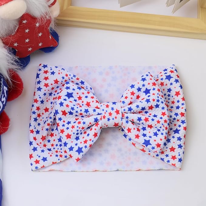 Independence Day Baby Girls Headbands, Red Handmade Star Printed Big Bows for Baby Girls Elastic 4th of July Wide Hairbands for Baby Girl Newborn Infant
