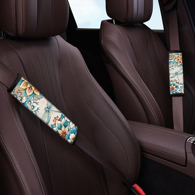 FOR U DESIGNS Car Seat Strap Cover Boho Floral Dragonfly Seat Belt Cover Pad for Adults 2 Pack Car Seat Strap Shoulder Pads Universal Fit