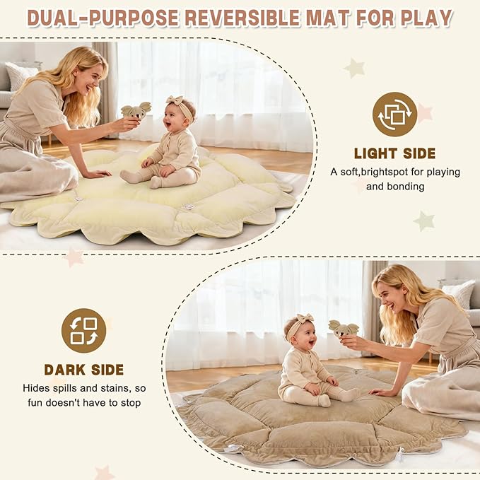 5-in-1 Baby Activity Gym & Play Mat with 6 Hanging Toys, Tummy Time Mat & Cards - Extra Large, Reversible Machine Washable Pad - Gift for Newborns, Infants 0-12 Months, Cream