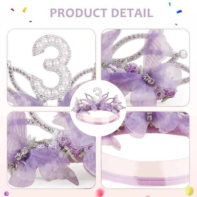 cherrboll Baby Girl Birthday Crown Floral Headband, Soft Flower Head Wrap Tiara Hairband for 1-3 Years Old Toddlers Kids 3rd Birthday Party Dress Photo Decoration