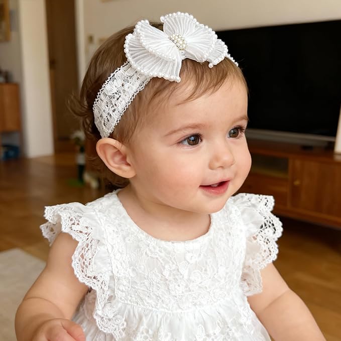 Baby Girls Headband White Bow Lace Headbands Soft Elastic Bowknot Hairbands Cute Hair Accessory for Newborn Kids Infant Toddler Baptism Birthday Party (Wide Lace)