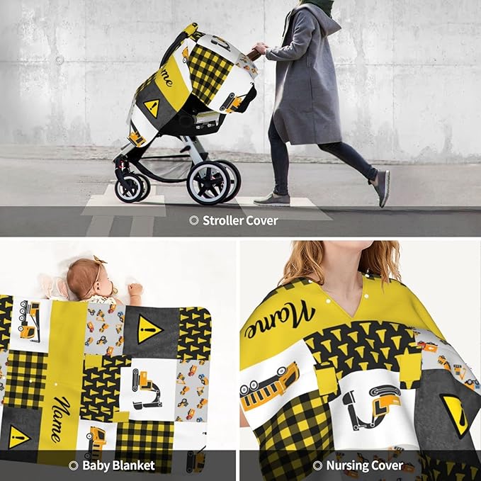 Personalized Excavators Trucks Construction Baby Car Seat Canopy for Babies with Name, Custom Car Seat Covers for Boys, Opening Minky Nursing Breastfeeding Cover Infant Carseat Canopies for Newborn