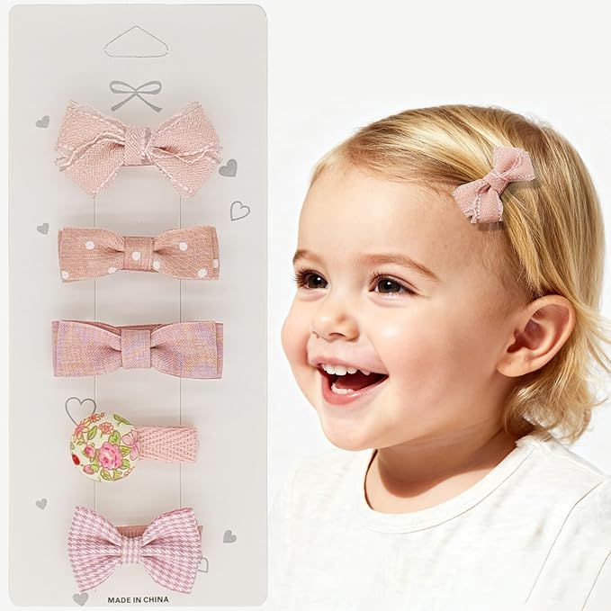 Baby Hair Clips Set – Pink Bow & Floral Print Duckbill Toddler Hair Clips, Fully Wrapped No-Slip Hair Accessories for Girls（5 Pack）