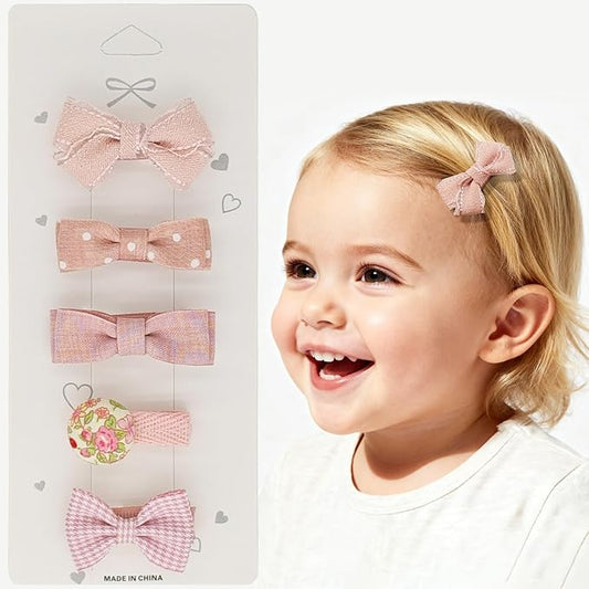 Baby Hair Clips Set – Pink Bow & Floral Print Duckbill Toddler Hair Clips, Fully Wrapped No-Slip Hair Accessories for Girls（5 Pack）