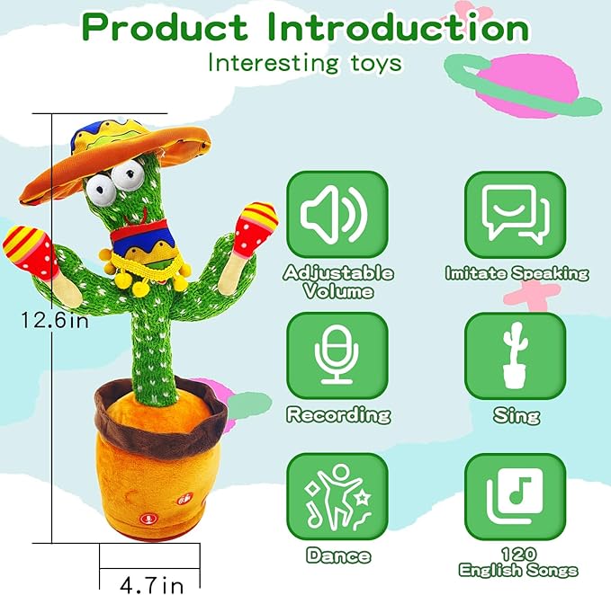 Talking Cactus Toy for Kids Boys and Girls, Adjust Volume Dancing Cactus Toy Singing Mimicking Recording Toys Repeats What You Say, Comes with 120 English Songs Singing Talking Musical Toys