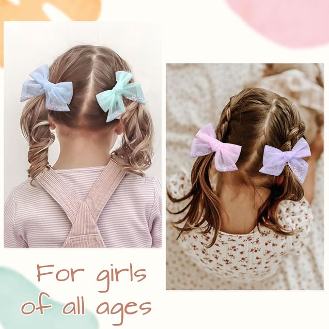 6 PCS Tulle Hair Bows for Girls, CN Toddler Bows with Glitter Star Alligator, Colorful Hair Barrettes Wedding Hair Accessories for Baby Girls Infants Toddler Teens Party (Type D)