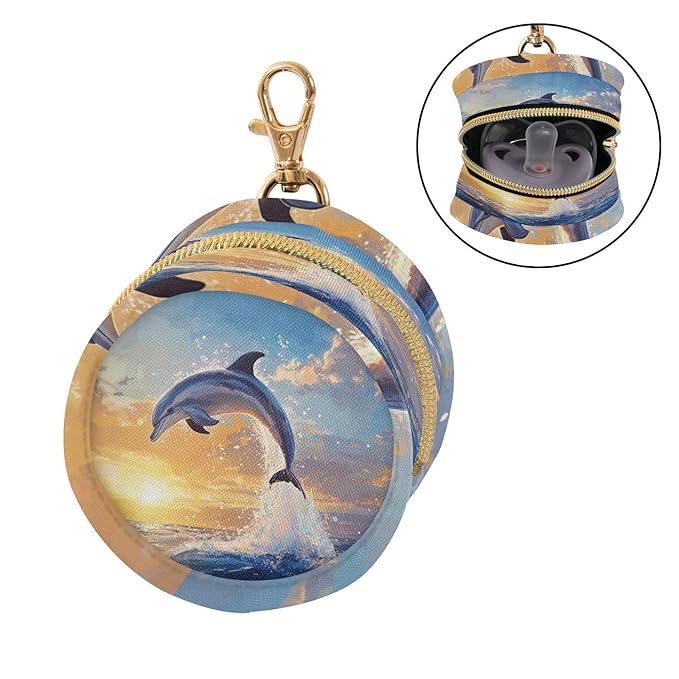 Pacifier Holder with Clip Pacifier Case for Diaper Bag Round Baby Pacifier Pouch Box Bag Portable Dolphin Jumping Sunset Blue