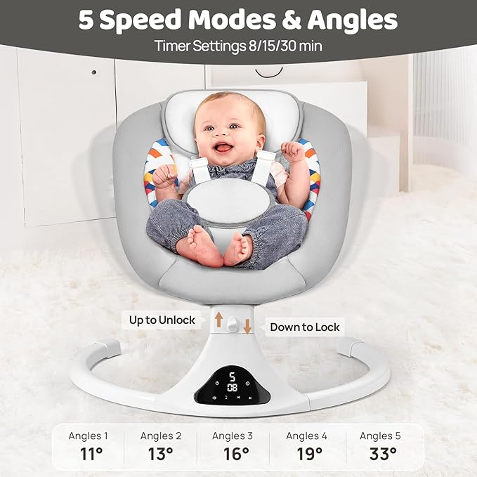 Baby Swing for Infants, Bluetooth Infant Swing with Remote Control, Portable Baby Swings with 5 Speeds, 5 Point Harness Belt, Modern Design for Newborn (Max 20 lbs Gray)