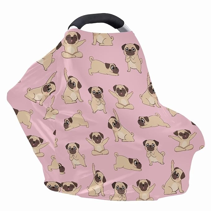 AFPANQZ Cartoon Pug Dog Car Seat Covers for Babies Stretchy Lightweight Extra Soft Nursing Cover Breastfeeding Shield Carseat High Chairs Gender Neutral Shopping Carts Infant Baby Beanie and Bags