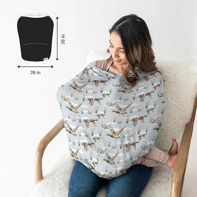 HawSkgFub Mallard Duck Hunting 5-in-1 Car Seat Cover for Baby Boy Girl Gift, Blue Wild Animal Hunter Reed Privacy Breastfeeding Nursing Cover, Newborn Infant Multi-use Carseat Canopy Carrier