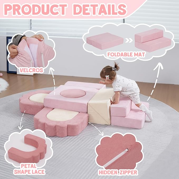 13 Pieces Foam Climbing Blocks for Toddlers|Floral Baby Soft Play Gym,Kids Indoor Crawing Climbers & Play Structures for Bedroom,Livingroom & Playroom,Pink & Beige