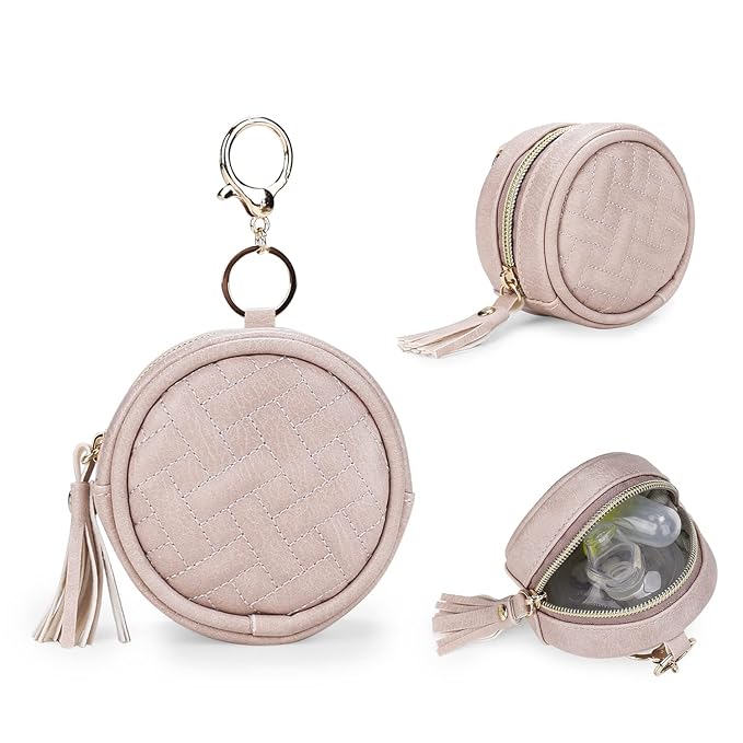 MOMIGO Pacifier Case Bag - Leather Pacifier Holder with Clip for Diaper Bag Stroller Purse Charm, Holds 2 Pacifiers Outdoor Travel (Weave Pink)