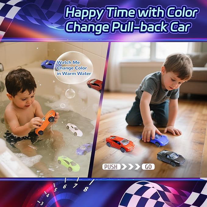 Color Change Pull Back Car Toy-6pcs Mini Alloy Vehicle Toys,Magical Transformation in Warm Water,Bathtub Water Table Toy for Easter Fillers,Goodie Bags Fillers,Themed Party,Carnival Prize for Kids 3+