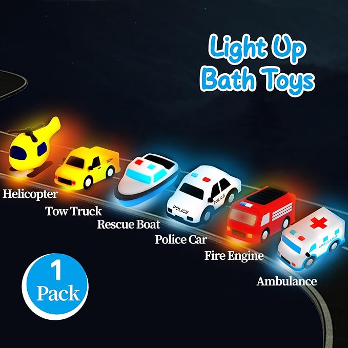 Light Up Bath Toy -Tow Truck, 100% Food Grade Silicone Bathtub Toys, Shake-Activated Light Up Airplane Toy Flash & Lights Color Change, Soft & Squeezable for Baby&Toddler (1 Pack)