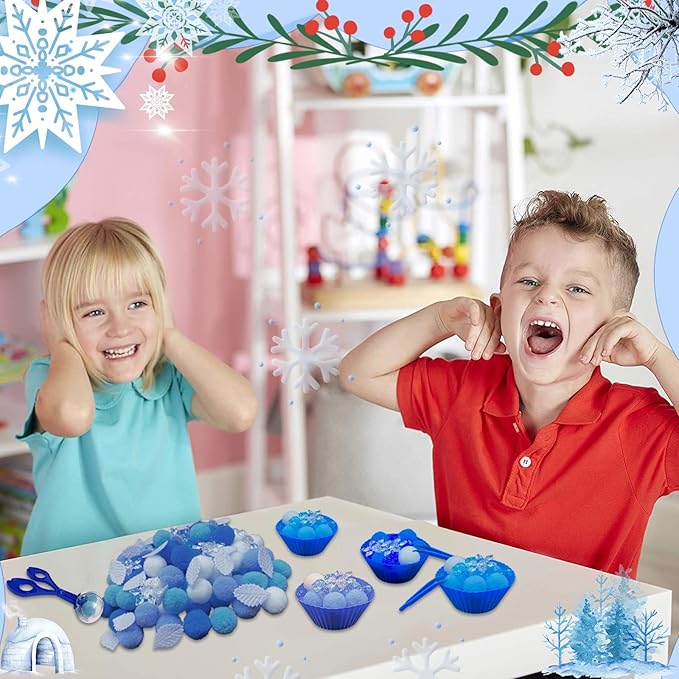 244pcs Winter Sensory Bin Filler Fine Motor Toys 2 Ways Counting Sorting with Sorting Bowls & Tubes Winter Sensory Bin Items 100 Pom Poms 45 Snowflakes 48 Ice Cubes 30 Leaves 6 Snowman