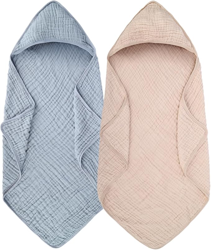2 Pack Baby Hooded Bath Towel Muslin Cotton 32x32 Inches Brown and Misty Blue Neutral Style Elegant Colors Ultra Soft Absorbent