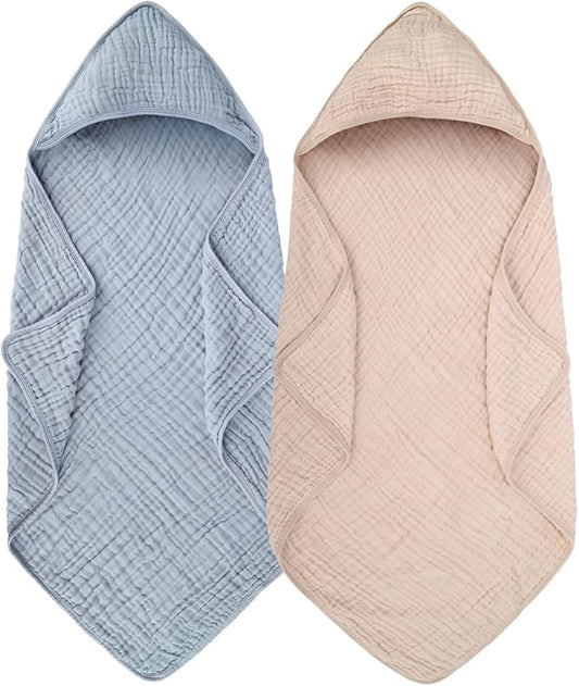 2 Pack Baby Hooded Bath Towel Muslin Cotton 32x32 Inches Brown and Misty Blue Neutral Style Elegant Colors Ultra Soft Absorbent
